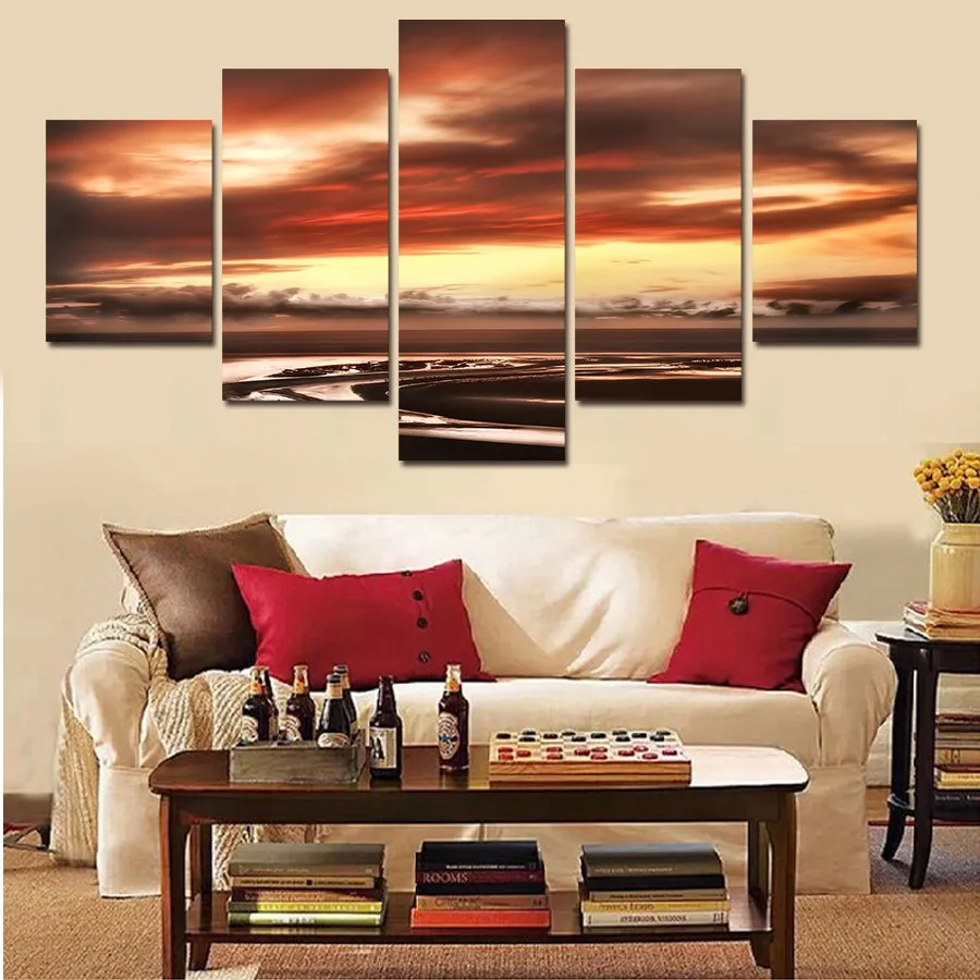 

5pcs The Setting Sun Kindled The Sky Painting Canvas Painting On Canvas Painting Wall Art Decor For Living Room Without Frame