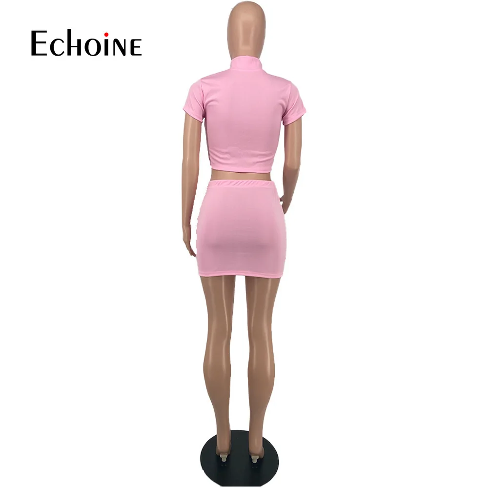

Echoine Women Charming Solid zipper Two Piece Set Lady V-neck Short sleeve Coats High ang Waist mini Skirts Beach Party Outfits