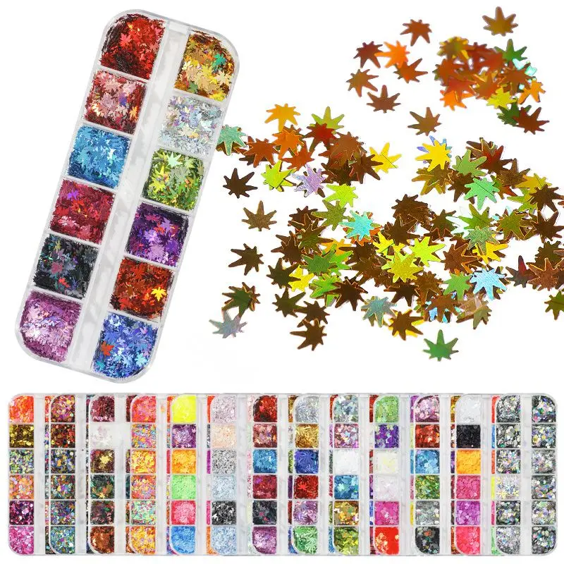 

Laser Chunky Maple Leaves Nail Sequins Flakes,Multi Colors Nail Art Decorations Pailletti,12Girds Box Manicure Flakes @#&1-0