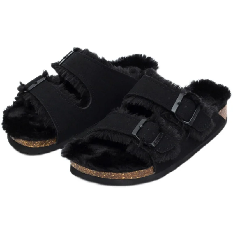 

Flock Flat Shoes Female Home Slippers Women's Shallow Fur Flip Flops Slides Massage Soft Plush PU Basic Fur Shoes Shallow Slippe