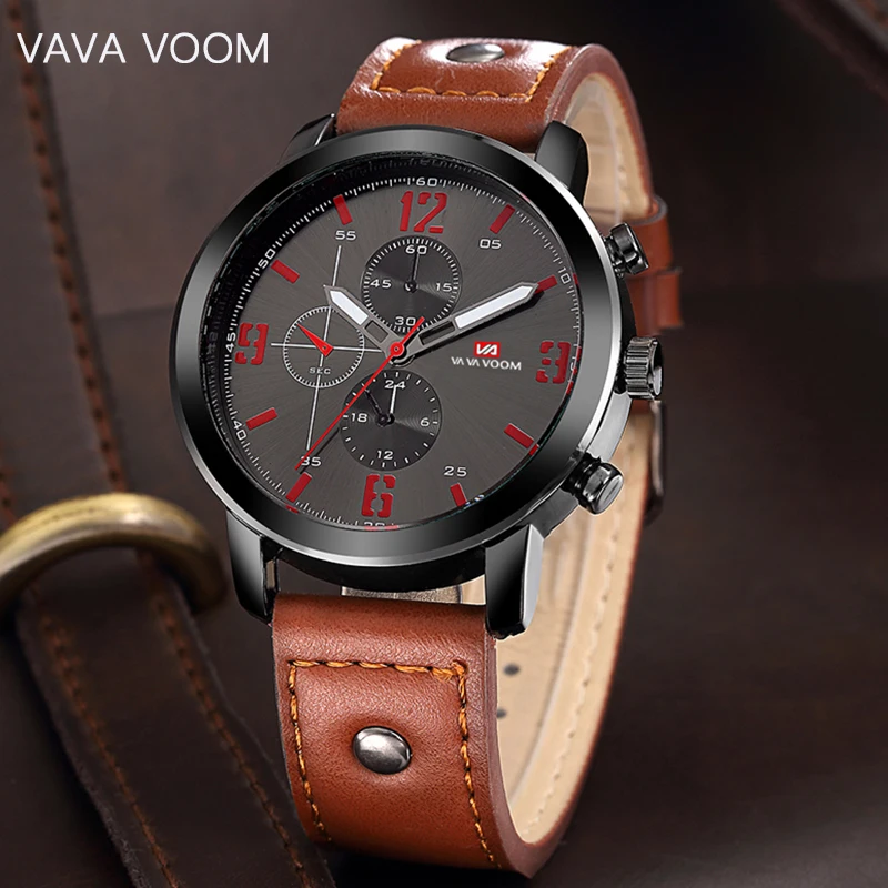 

VAVA VOOM Retro Classic Watch Men's Watch Stainless Steel Waterproof Date Leather Strap Sports Quartz Army Мужские часы Reloj