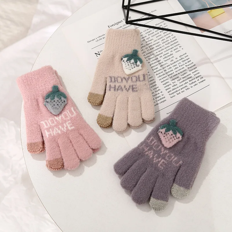 

Strawberry Pattern Women Gloves Women's Cashmere Knitted Winter Gloves More Style Colorful Autumn Winter Warm Thick Gloves