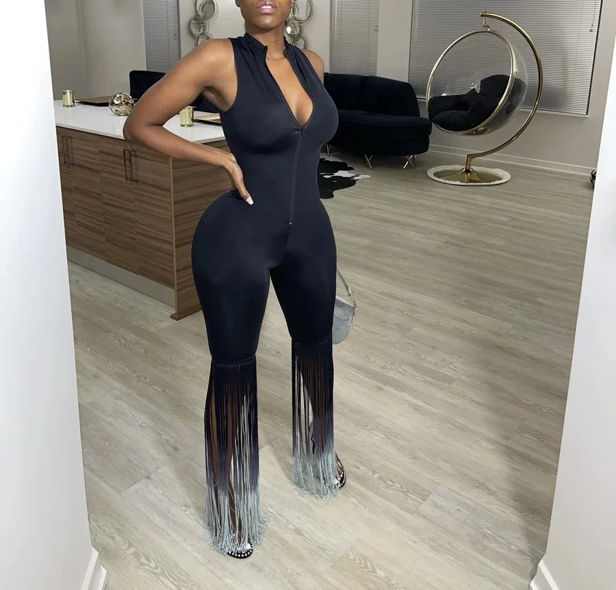 

2021 Summer Outfits Hot Recommend Style High Waist Wide Leg Pants Trousers Women Tassel Patch Skinny Party Jumpsuit And Rompers