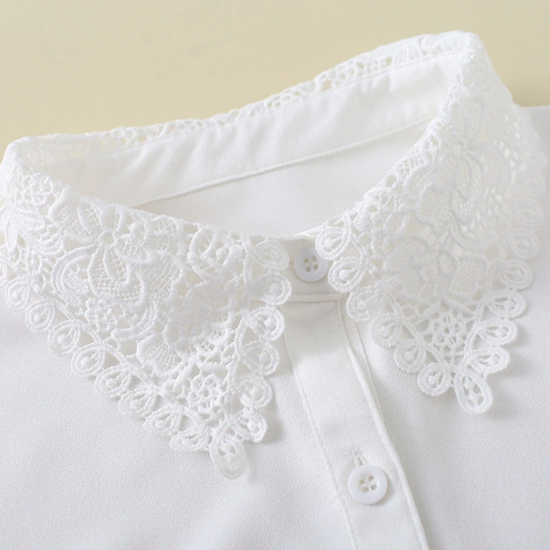 

Women Floral Lace Lapel False Collar Button Chiffon Detachable Half Shirt Dickey