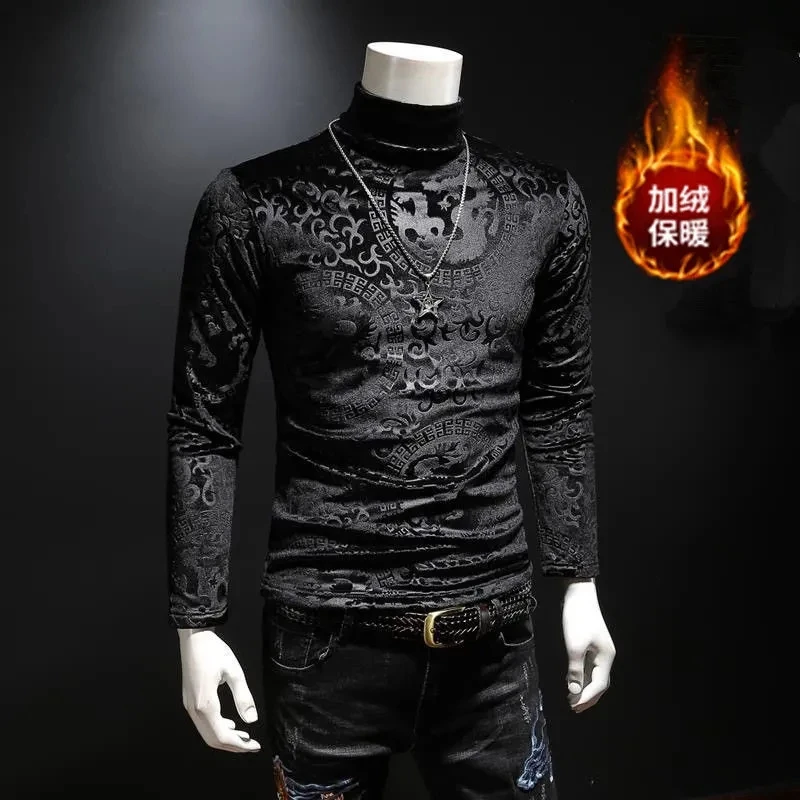 

Turtleneck T-Shirt Men Printed Warm Clothes Plus Velvet Bottoming Camisetas Autumn Winter Casual Gold Velvet Tops Ropa Hombre