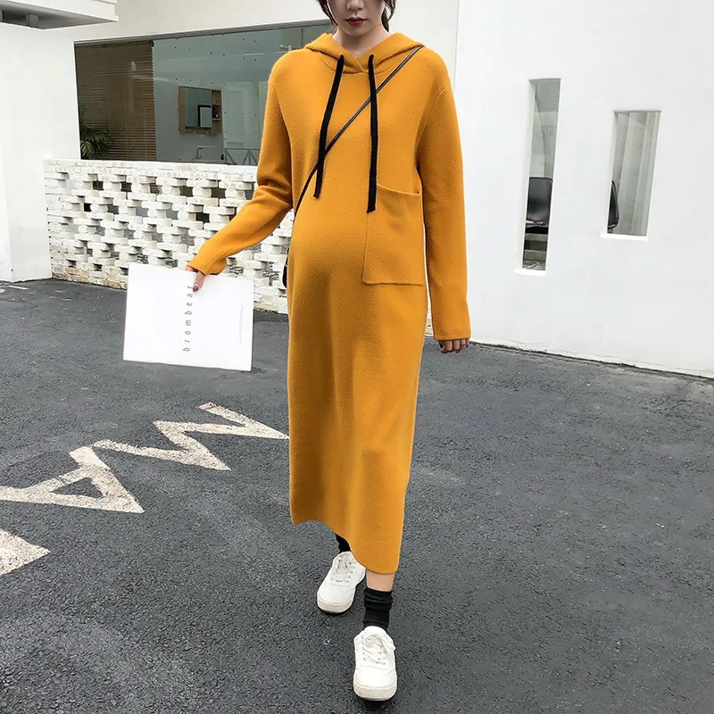 Осенне-зимнее длинное платье-свитер с капюшоном для беременных свободное теплое