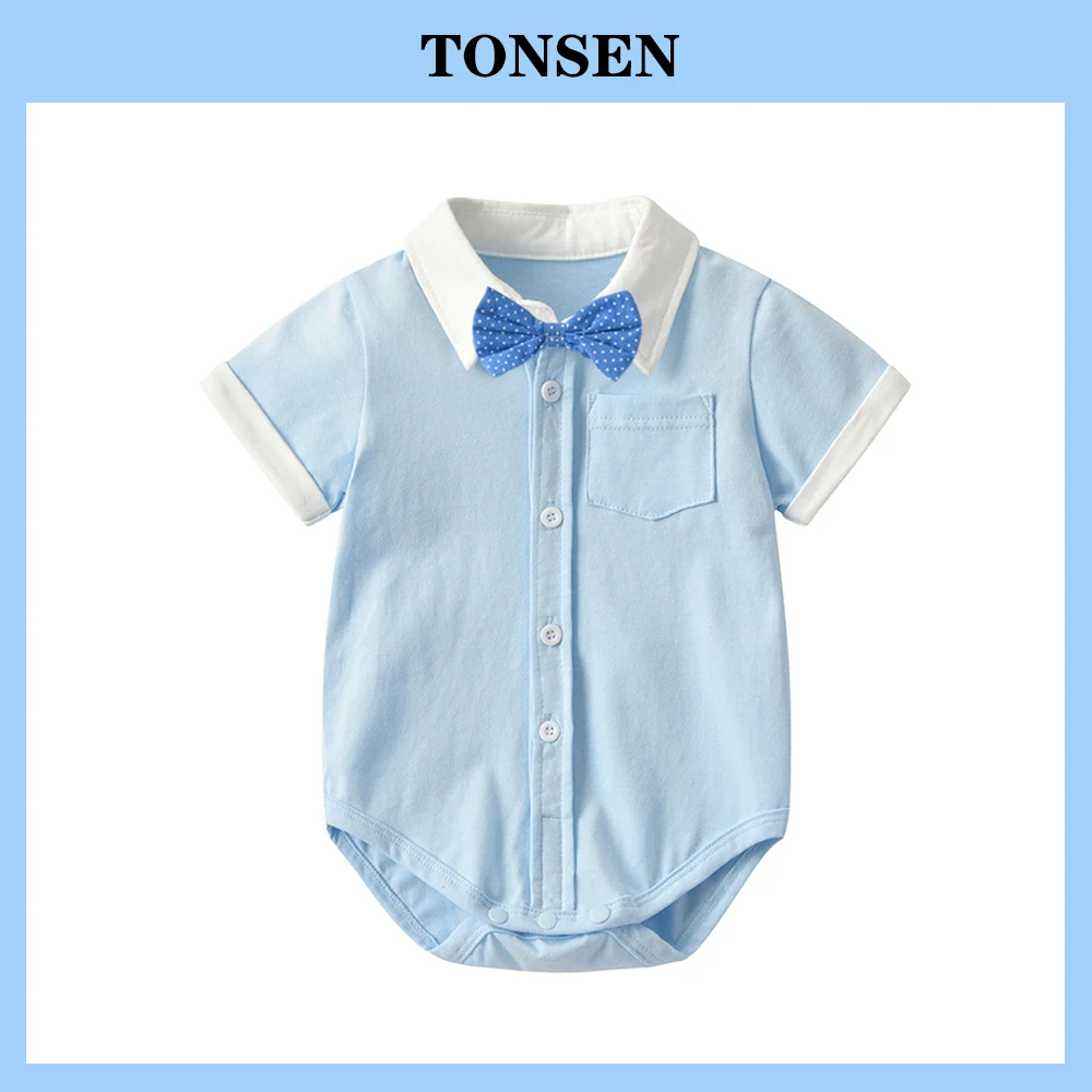 

TONSEN 0-2Y Baby Boys Bodysuit Clothes Cotton Sky-Blue Polka Dot Shirt Collar Short-Sleeved Romoer+Bow Tie Infant Outfit Toddler