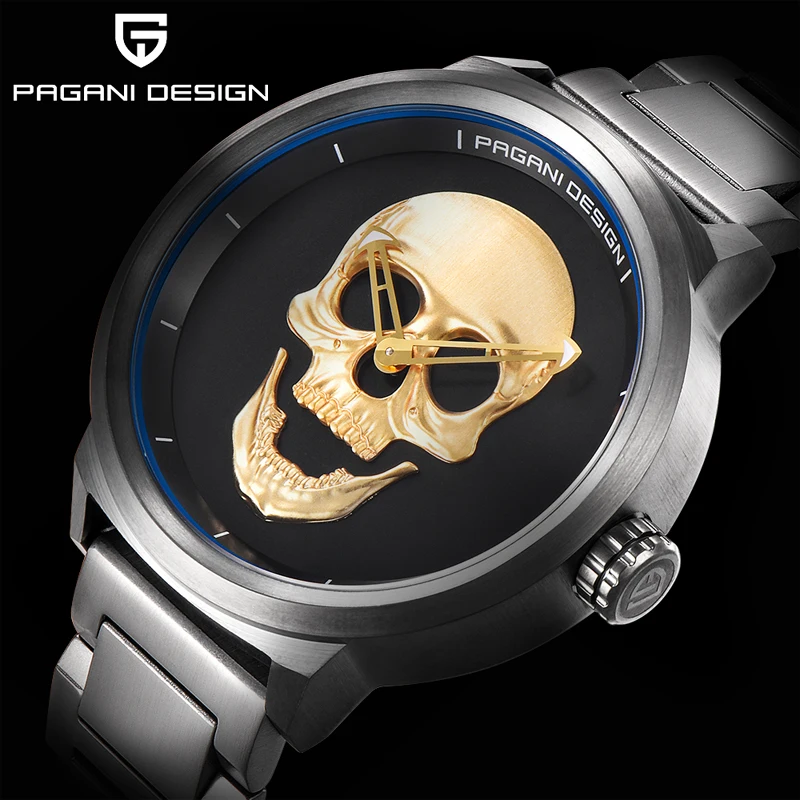 PAGANI DESIGN Fashion 3D Skull Watch Luxury Retro Punk Gold Silver Quartz Wristwatch Waterpoof Casual for Men 2023 Reloj Hombre