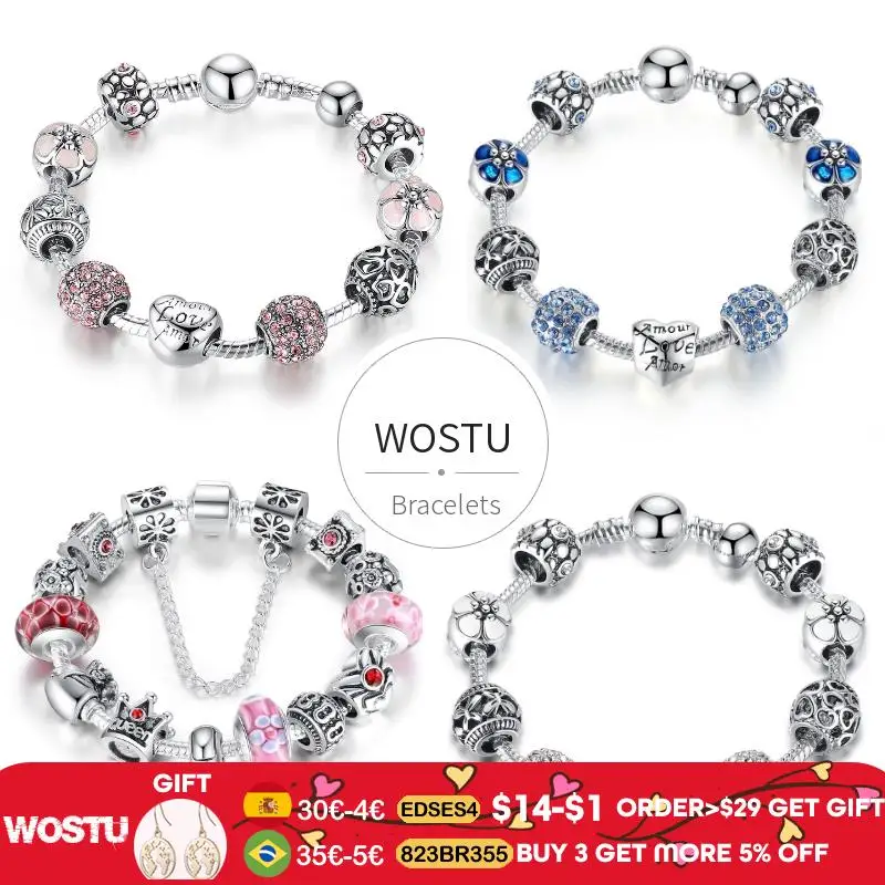 Роскошные серебряные сердца любовь очарование Кристалл бисер браслет для женщин