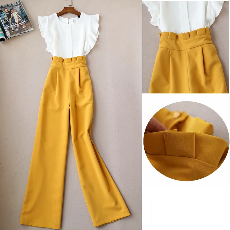 

Spring Summer Office Ladies Top + Pants One Set Elegant Ruffled Chiffon Tank Top and Wide Leg Suit Trousers