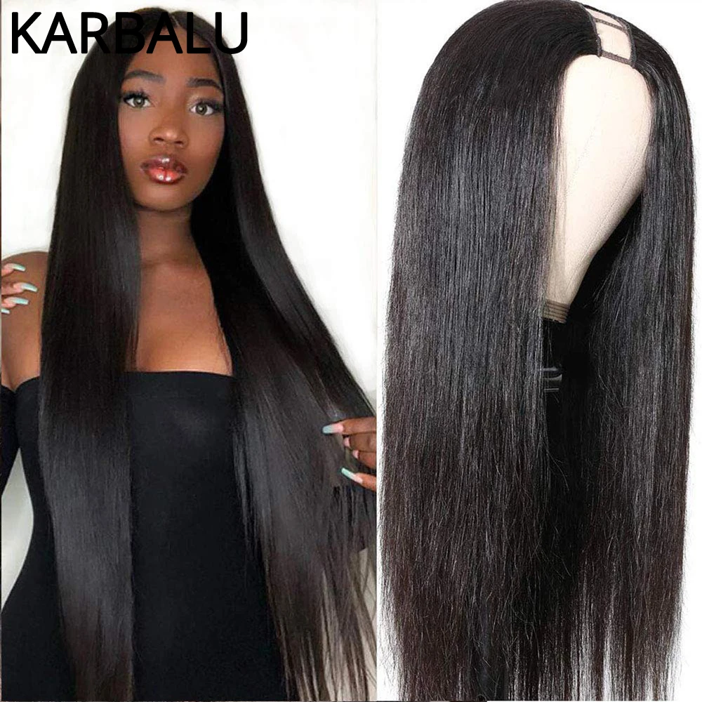 Karbalu U Part Wig Straight Human Hair Wigs Brazilian Natural Color Remy Glueless Full Machine Made 150% Density for Black Women