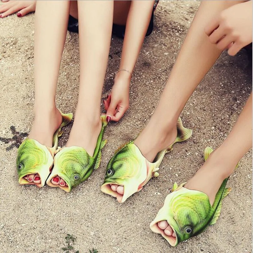 Women Fish Slippers Fashion Outer Wear Summer Girls Flip Flops Creative Funny Couple Fish-shaped Parent-child Shoes