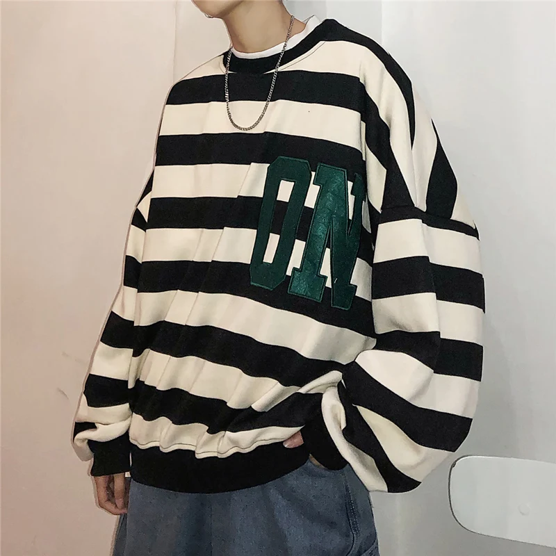 

Luck A Korean Round Neck Hoodies Yellow Stripe Casual Fashion Loose Hiphop Plain Hoodie Casual Cotton Solid Letter Sweatshirt