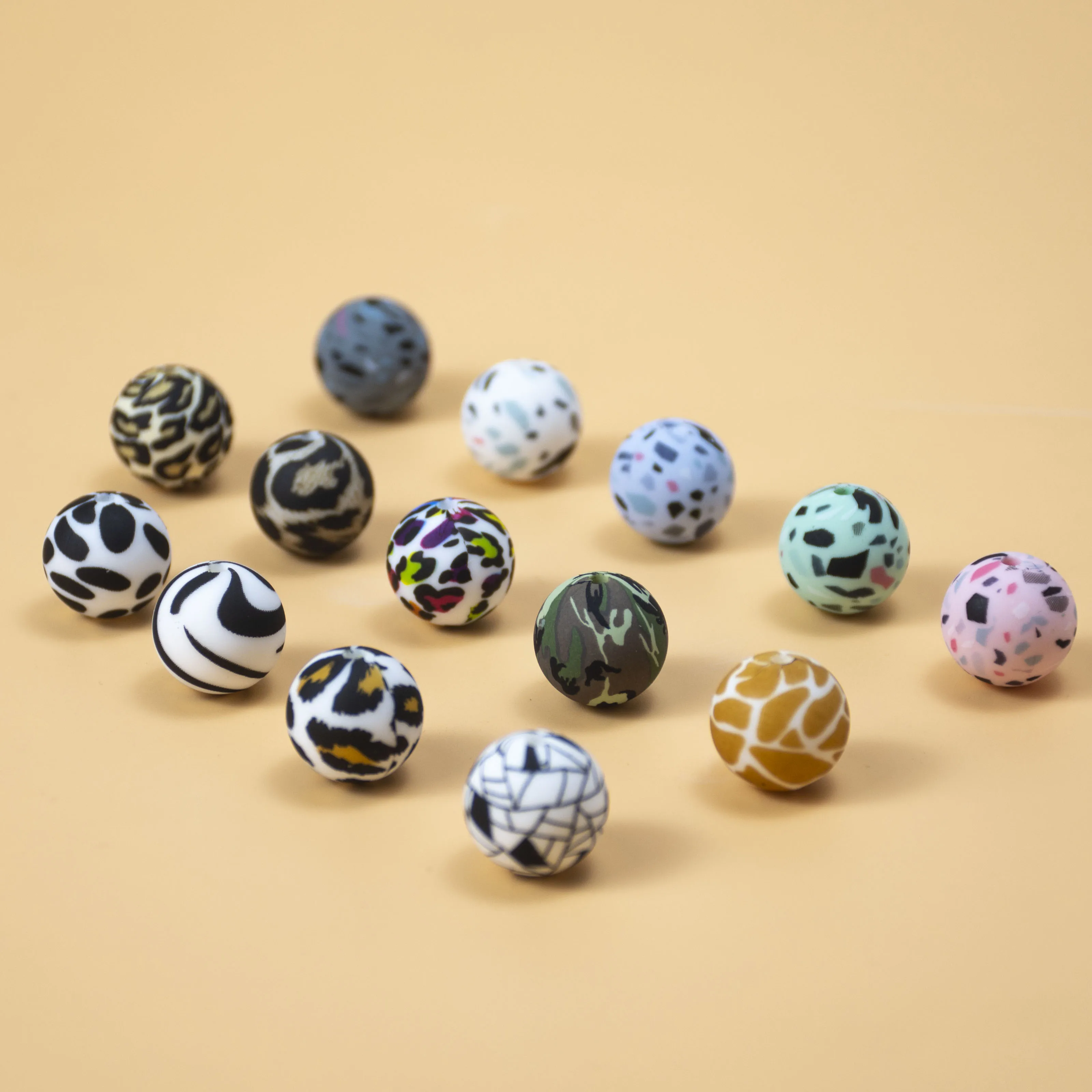 Cuentas redondas de silicona de 15 MM, collar de lactancia con estampado de leopardo geom&eacute;trico respetuoso con el medio ambiente, cadena de chupete DIY, grado alimenticio, 10 Uds.-3