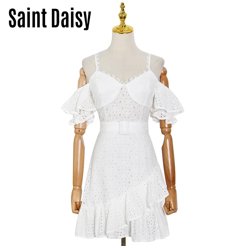 

Женское платье с открытыми плечами SaintDaisy, летнее кружевное платье с молнией и рюшами, 00278