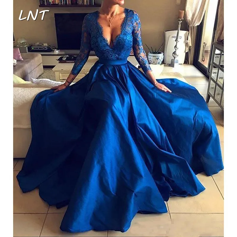 

3/4 Sleeves Royal Blue Prom Dresses V Neck Lace Appliques Long Sleeve Front Split Formal Evening Dresses Party Gowns