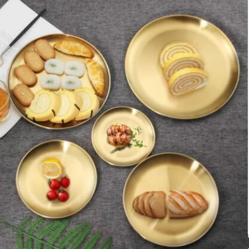 

European Style Gold Dinner Plates Serving Dishes Kitchen Round Cake Tray Western Steak Plates