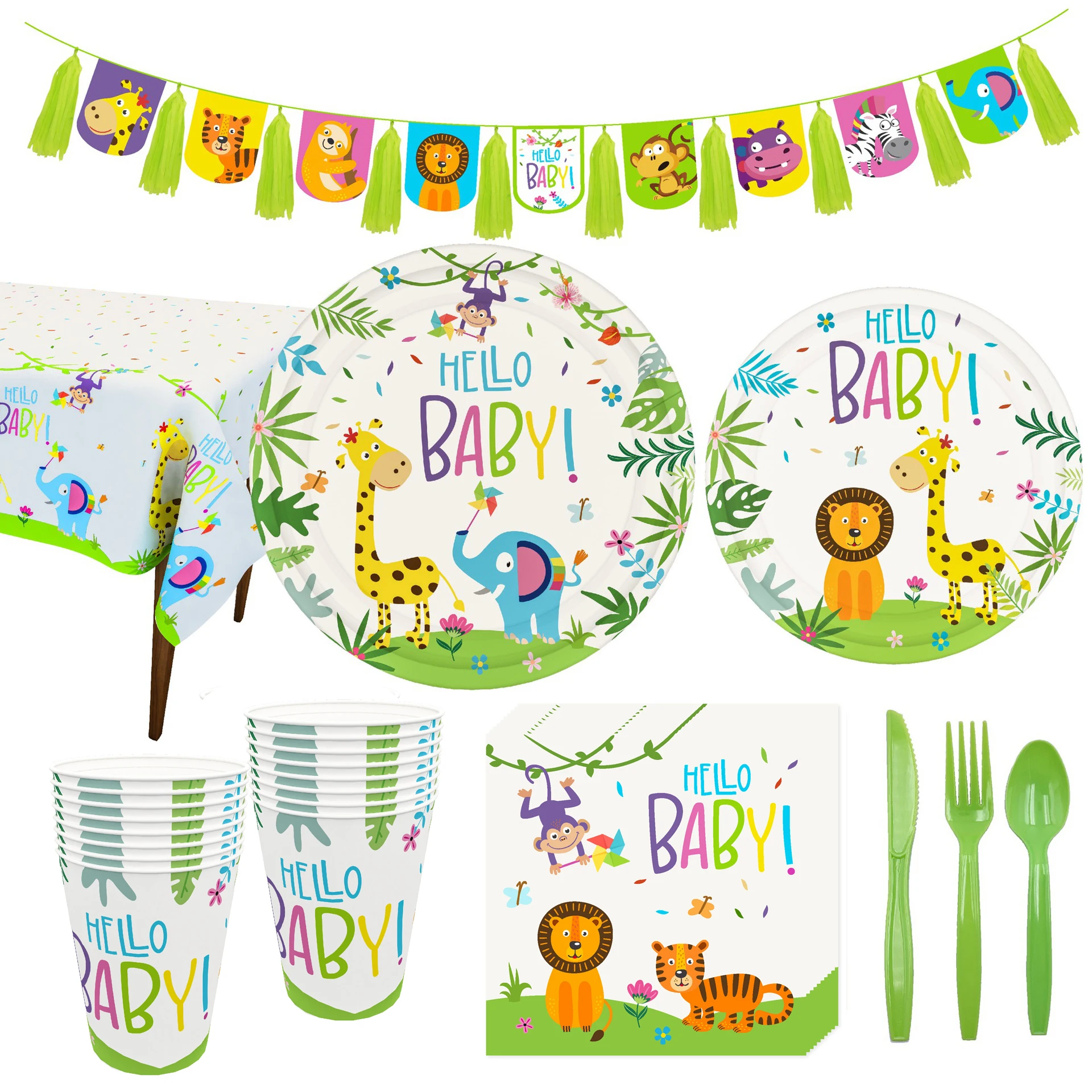 

New Animal Theme Animals Party Tableware Paper Plates Cups Napkins Banner Tablecloth Baby Shower Kids Birthday Party Decorations