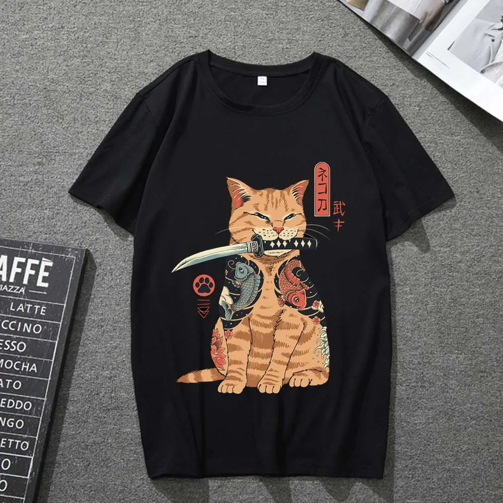

Fashion Women's T-shirt Cat Cartoon Knife Print Short Sleeve Black T-shirt Casual Men's Polyester Top
