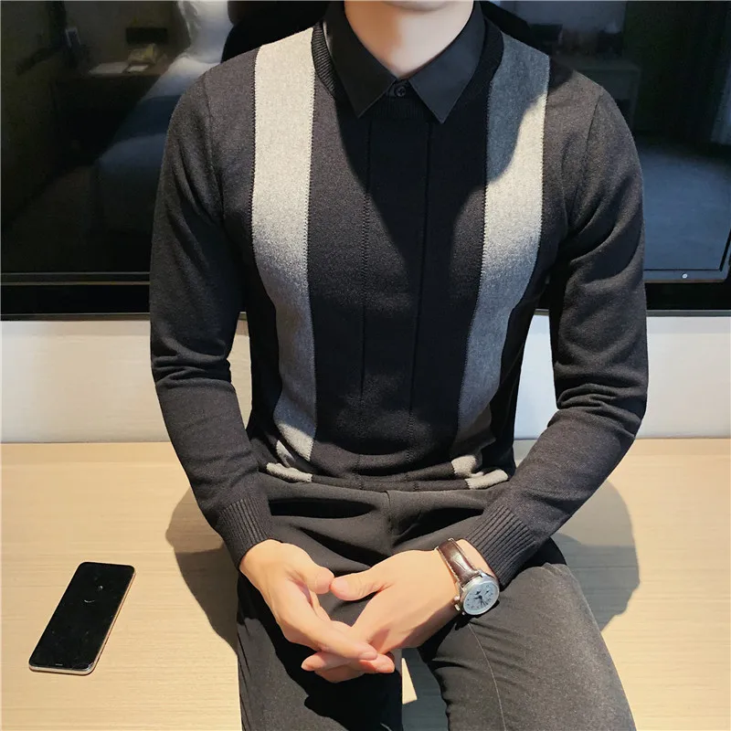 

2022 Autumn Winter New High Quality Men Slim Fit Pullovers Long Sleeve Casual Striped Sweater Men Warm Knitted Clothing K10