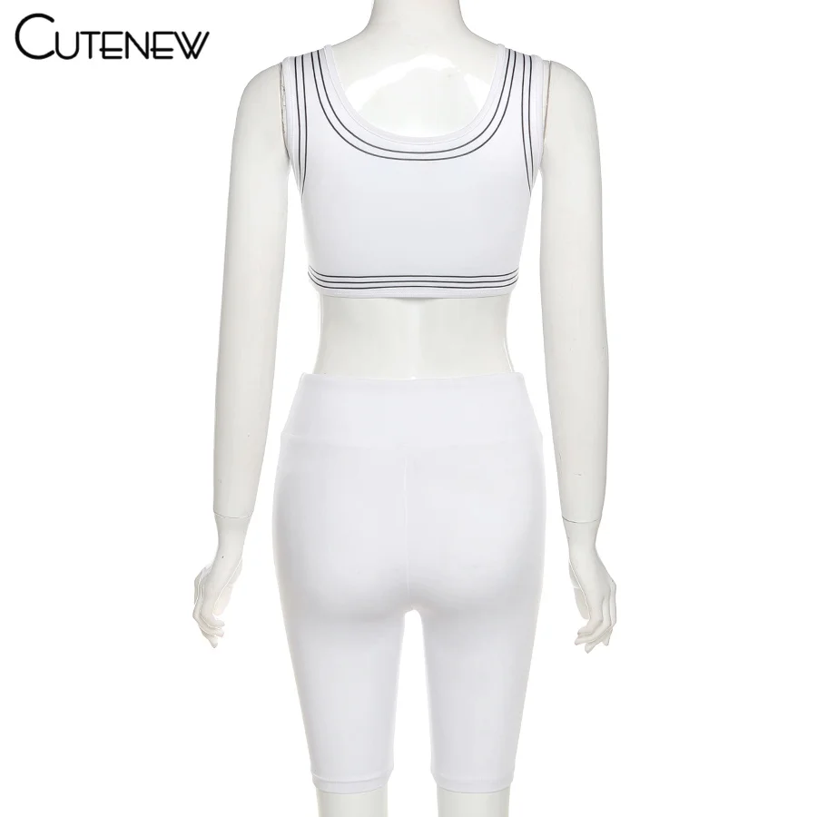 

Cutenew 2021 Casual Sportswear Athleisure Two Piece Sets Women Sleeveless Crop Top And Shorts Matching Set Female Summer Outfits