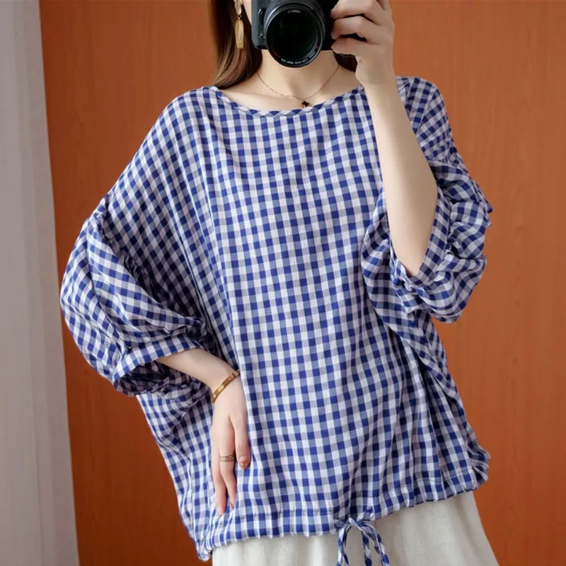 

Oversized Women Loose Casual T-shirts New Arrival 2021 Summer Simple Style Vintage Plaid Batwing Sleeve Female Tops Tees S3565