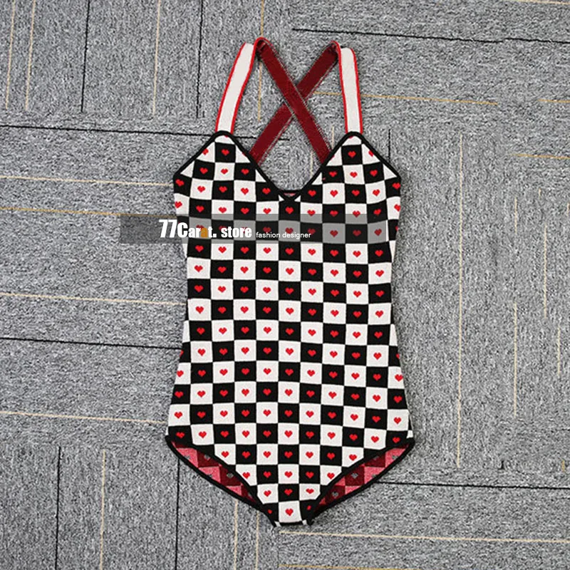 

high quality fashion beach style women clothes bodysuits spaghetti strap designer wool heart plaid jacquard knit sexy bodysuit