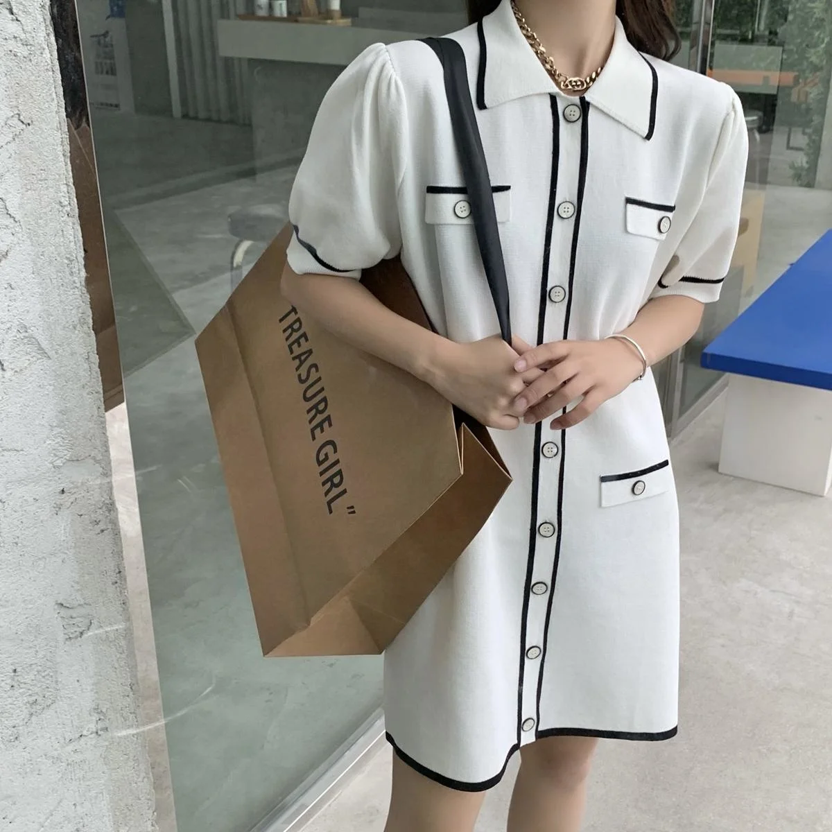 

Button Knit Dress 2021 Summer New Korean Style Loose French Mini Casual Short Robe white Black jurk