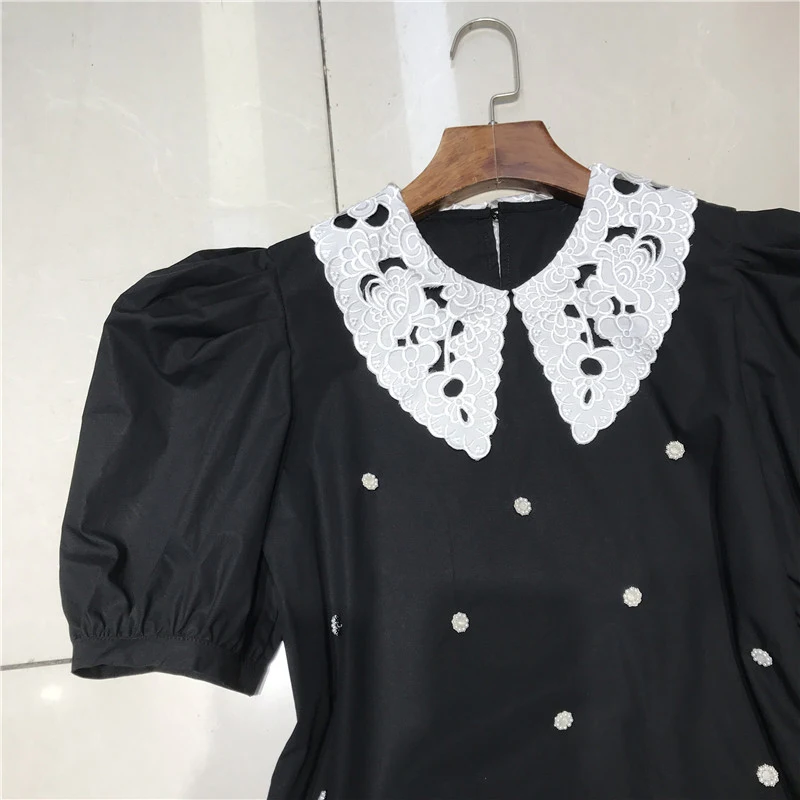 

GALCAUR Embroidery Shirt For Women Peter Pan Collar Puff Short Sleeve Patchwork Hit Color Blouses Females Fashion Clothing 2021