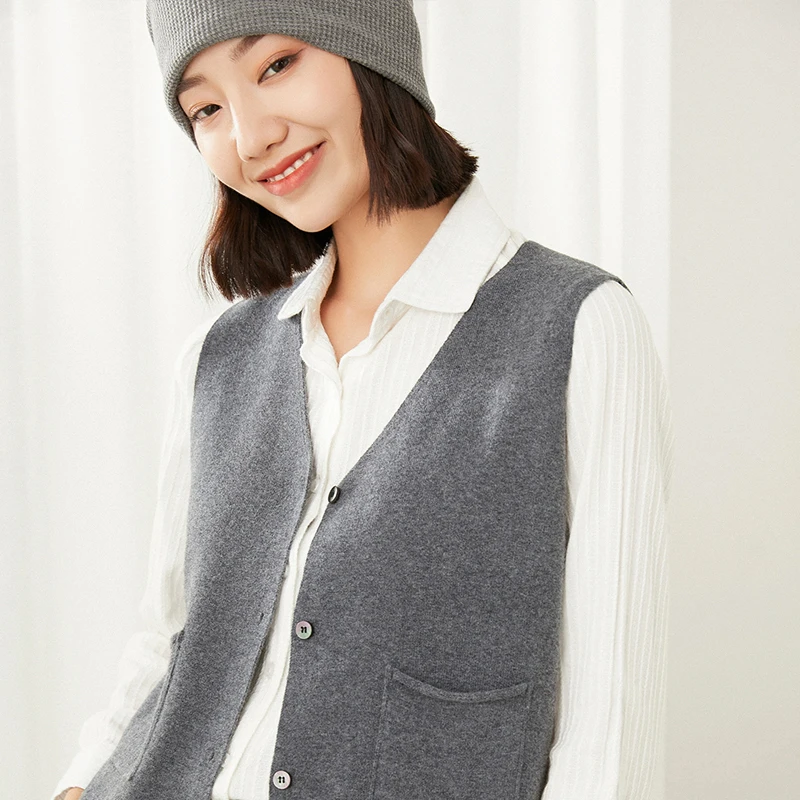 

Лидер продаж, короткий шерстяной жилет с V-образным вырезом, 100% шерсть, Однотонный женский свитер без рукавов, модное тонкое пальто, кашемиро...