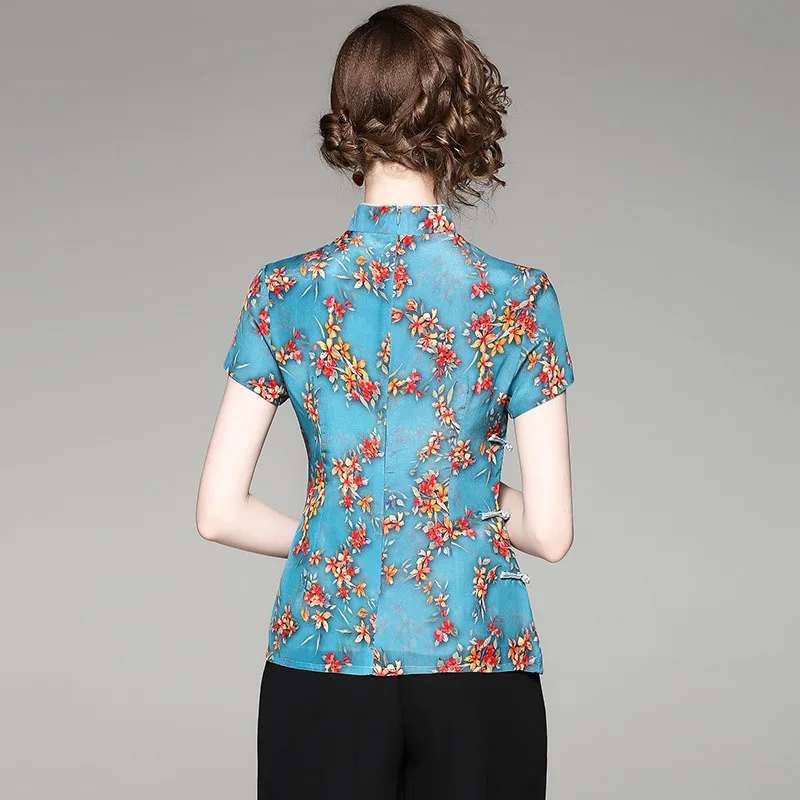 Фото Рубашка Ципао Женская атласная винтажная традиционная шелковая приталенная с