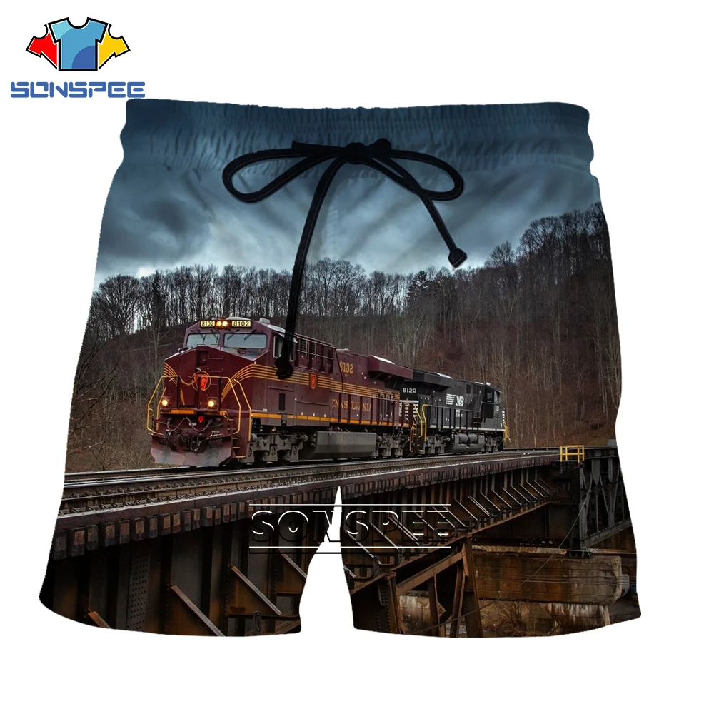 

SONSPEE Train Car 3D Print New Fashion Harajuku Cool Summer Hiphop Oversized Elastic Waist Hawaii Casual Beach Shorts Men Short