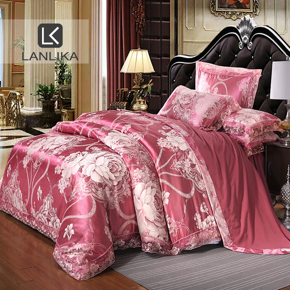 

Lanlika Luxury Silk Satin Jacquard Bedding Set Bed Sheet Pillowcase Duvet Cover Set Bed Linen Bedspread Double Queen King 4pcs