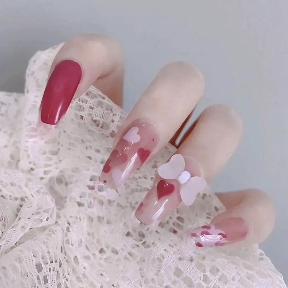 24 шт./корт. Гвозди розовые длинные накладные ногти со съемным сердцем балерины