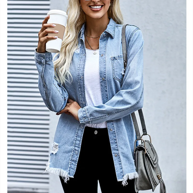 

Женская джинсовая куртка с длинным рукавом, однотонная рваная синяя куртка в стиле New Style для осени и зимы, 2022