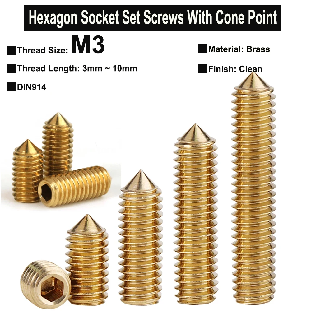 20Pcs M3x3mm~10mm Pure Brass Hexagon Socket Set Screws With Cone Point Headless Screws Grub Screws DIN914