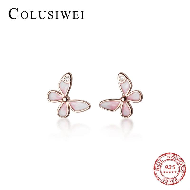 

Colusiwei Pink Enamel Cute Tiny Butterfly Stud Earring for Women 925 Sterling Silver Shiny Zircon Insect Ear Pin Fine Jewelry