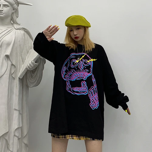 Черный Skull Print Harajuku Hoodie Sweatshirt Casual Hoodies Women Oversized Polyester Cotton Winter Coat Halloween Long Sleeve V557 - Цвет: Черный