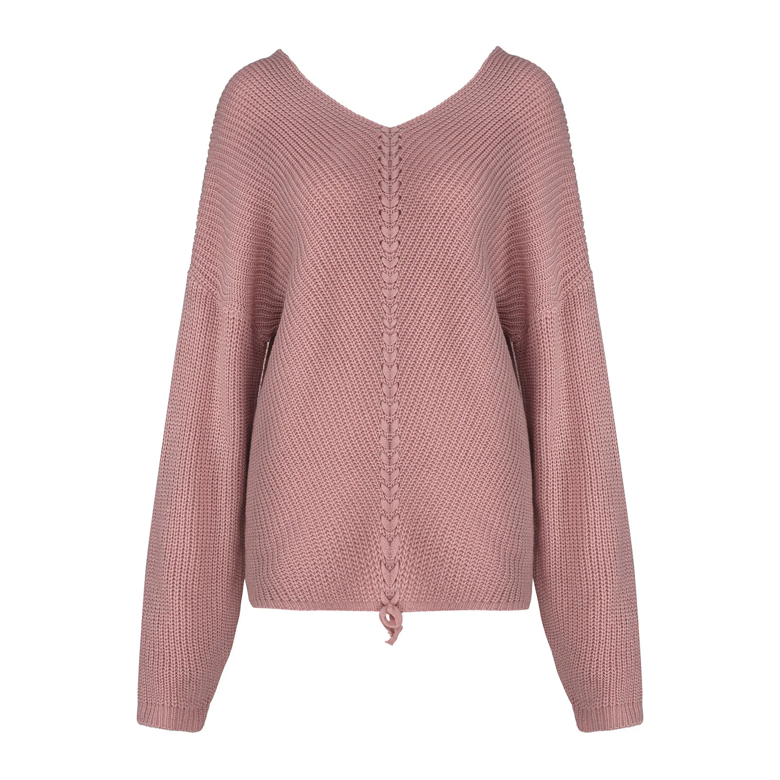 

Women's long-sleeved loose V-neck drawstring Off shoulder pullover Sweater Women's Casual Autumn Winter Knitted loose Sweaters