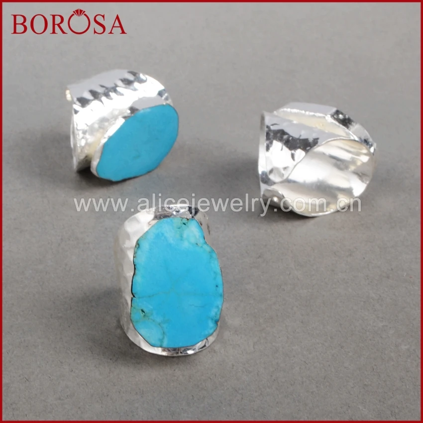BOROSA, 5 шт., серебряное покрытие, произвольной формы, голубой камень Howlite, манжета, кольцо, Druzy, ювелирные изделия Howlite, регулируемые кольца, ювелирные изделия для женщин, S0208