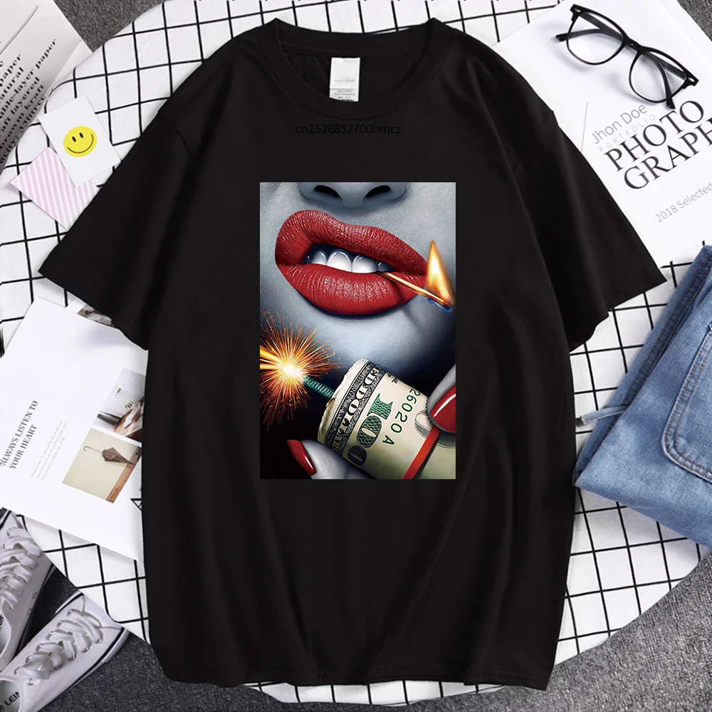 

Red Lips Matches Money Prints Women Tshirt Simplicity Comfortable Womens Streetwear Fashion Casual Tops