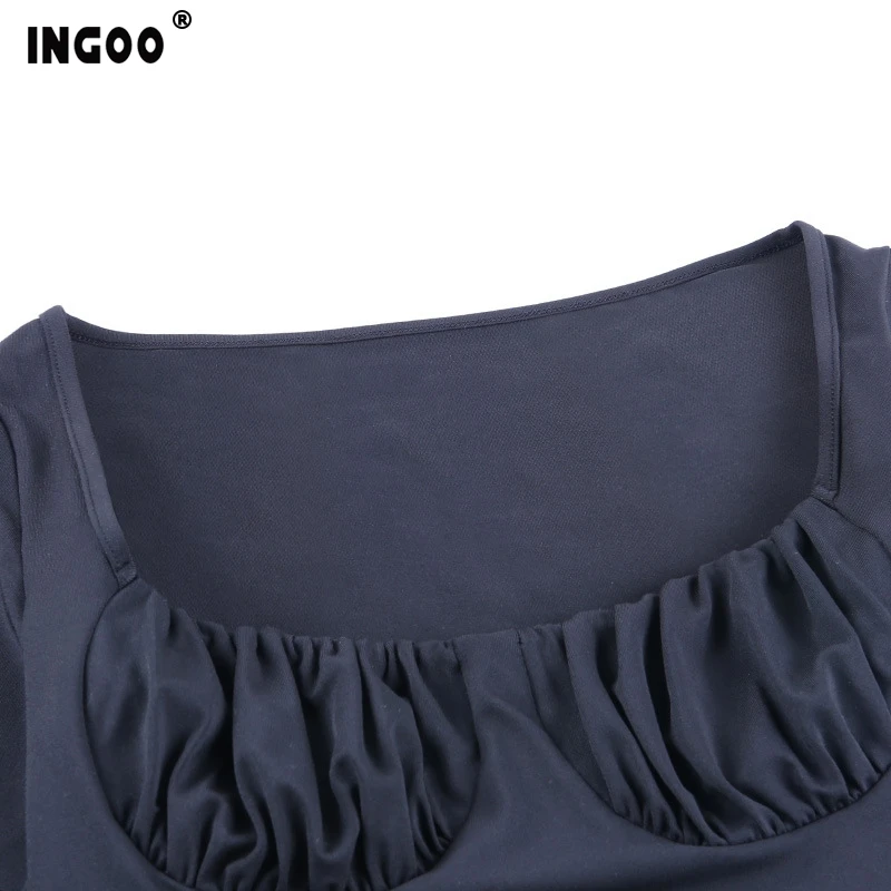 

New Black Long Sleeve Tops Women Autumn Solid Ruched Bust Square Neck Sexy Streetwear Slim White Cropped Short Tee Tops 2020