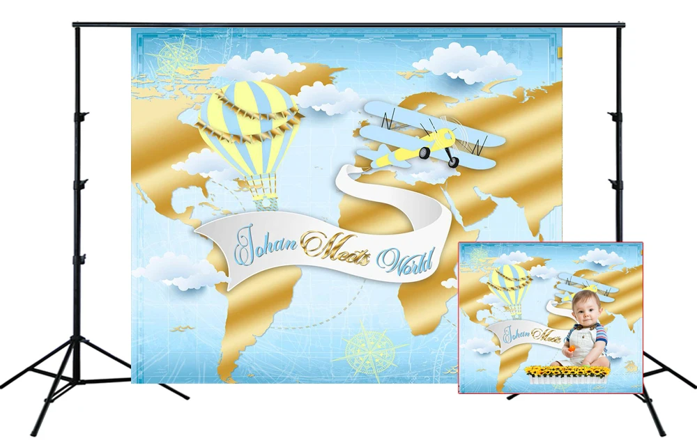 Путешествие по всему миру Золотой Фон с самолетом для фотостудии новорожденный