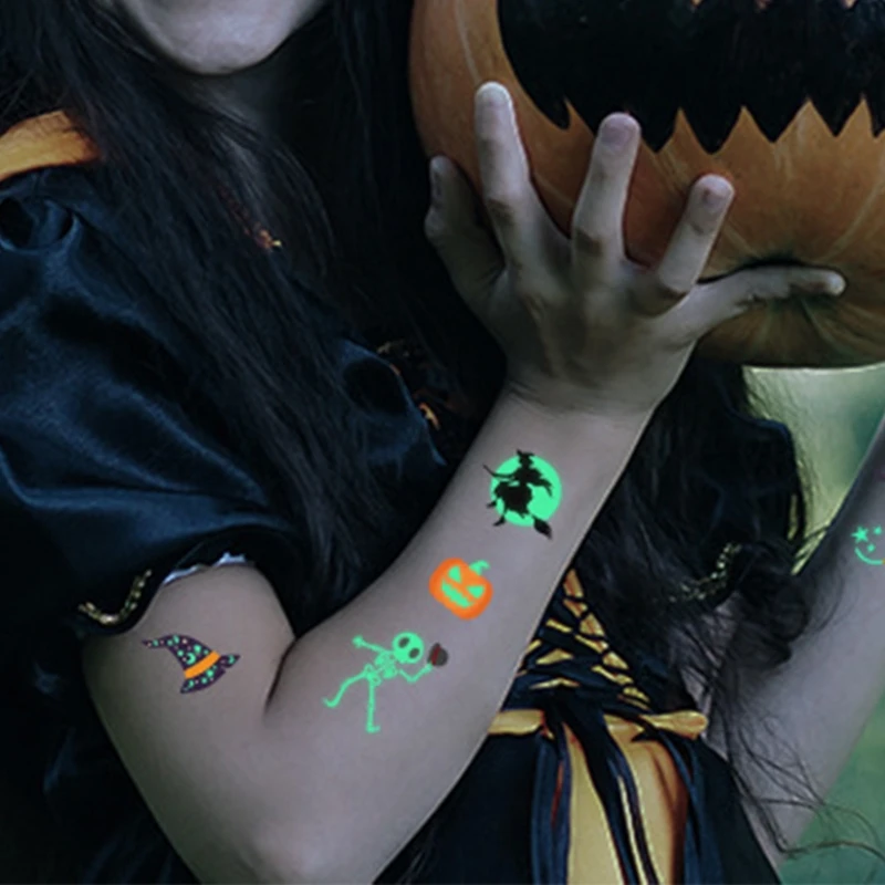 

85LB 10 Sheets Halloween Waterproof Temporary Tattoo Stickers Glow in the Dark Cartoon Witch Ghost Pumpkin Trick or Treat Party
