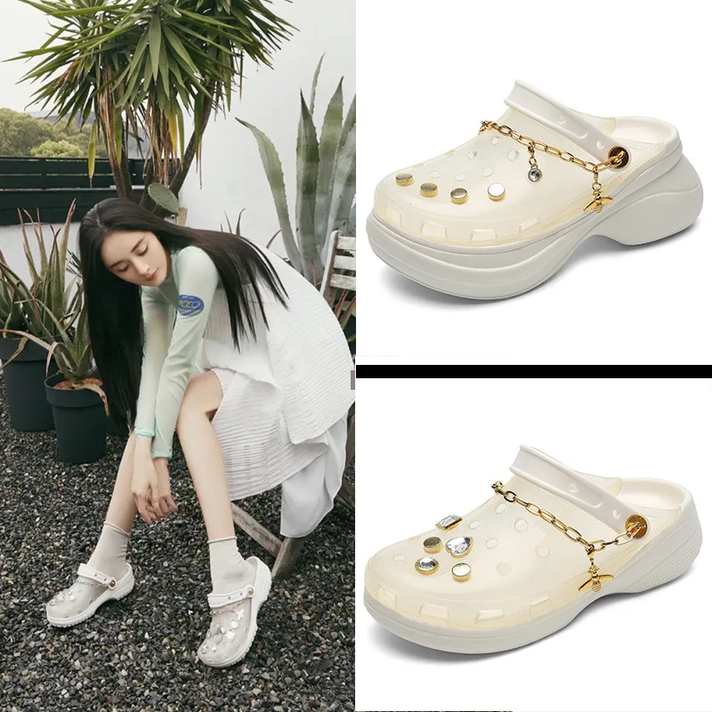 

Star Style Cro Shoes Thick Bottom Increase Beach Sandal Transparent Upper Metal Sequin Hollow Out Antiskid Sole Two Options Cool