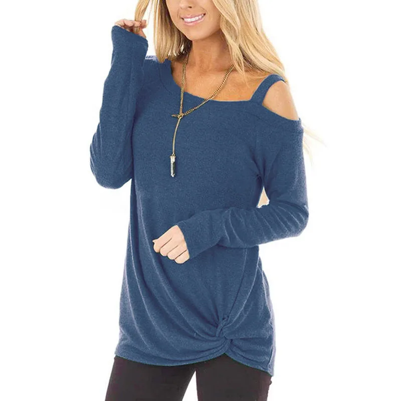 Women Long Sleeve Off-shoulder T-shirt Autumn Winter Comfortable Solid Color Knotted Loose Top JS26 | Женская одежда