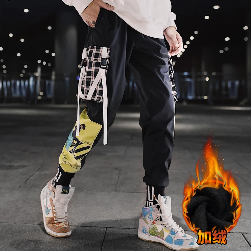 Мужские бархатные брюки-карго толстые в стиле хип-хоп уличная одежда пэчворк