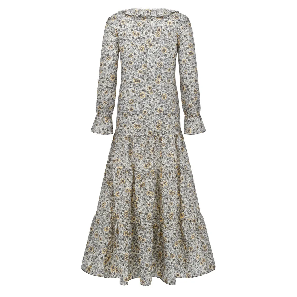 CHAMSGEND Dress Women Vintage Daisy Print Bandage Loose Sunmmer Long Sleeve V-Neck Mid-Calf Ruffles Edge Vestido F37 | Женская одежда