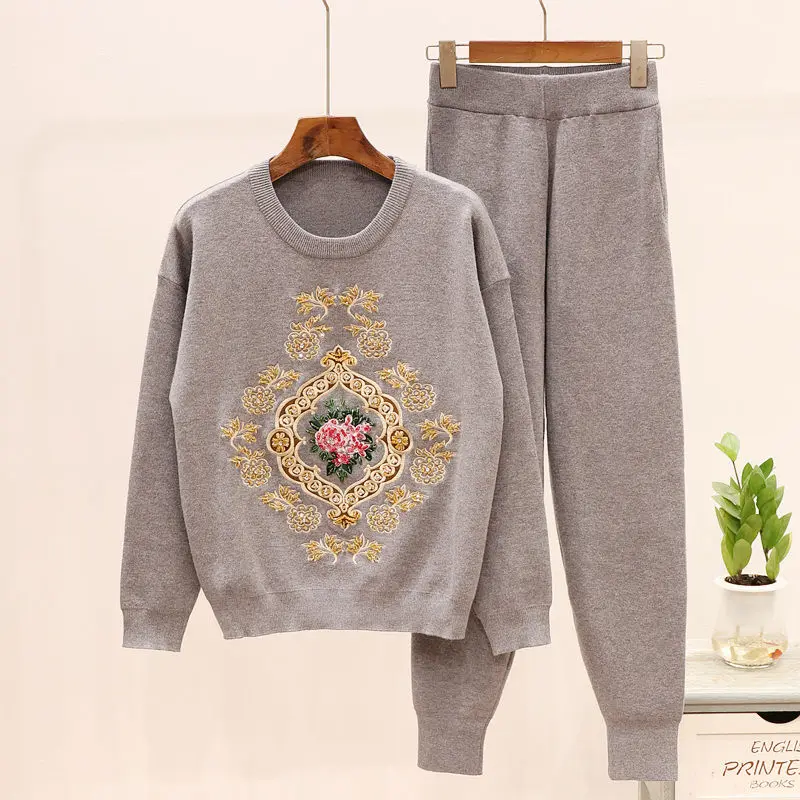 LUOSHA женский осенне зимний теплый вязаный пуловер с вышивкой свитер топ и штаны