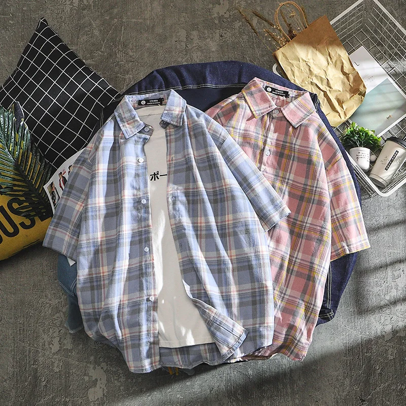 

Рубашка мужская летняя в клетку, свободная Повседневная блуза с коротким рукавом, на пуговицах, с воротником, большие размеры MM60NCS